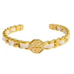 Tory Burch Marion Gold White Leather Chain Bracelet